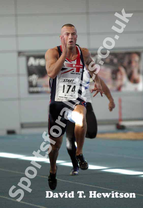 Richard Kilty winning the 60 metres with a championship record, North East Indoor Champs, Gateshead.